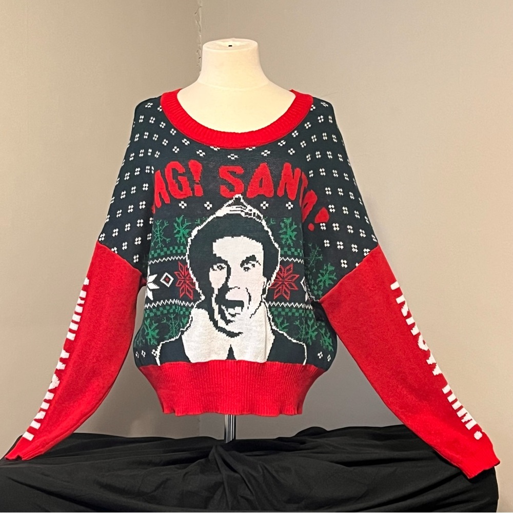 Woman’s XXL Elf Santa I Know Him Cropped Christmas Sweater Preowned